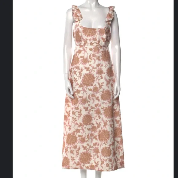 ZIMMERMANN Postcard Linen Tie Shoulder Midi Dress Sz 0 Tan Floral Open Back - Picture 5 of 16